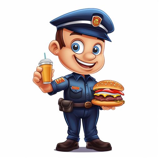 create a cartoon police officer going through fastfood with a white background