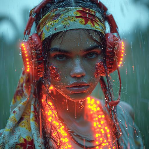 create a centaurus, half an attractive supermodel, wearing a bandana with neon flowers and huge neon necklaces. Minor neon facial painting. She’s wearing huge red headphones. Her horse body is covered with neon African fabrics. Blurry jungle in the background. Rainy and windy, sunset. Hyperrealistic, cinematic still by Wes Anderson --v 6.0 --style raw --s 750