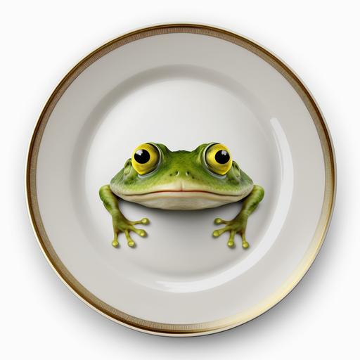 create a clipart for a presentation a smiled frog on a plate. Its looking at you and it's as big as the plate itself.