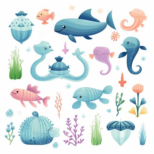 create a clipart with elements, with illustration, cute deep sea animals, turtle, whale, fish, octopus, seahorse, algae, shell, colorful, one by one, that the elements are not together but individually separated, white background , cute, childish, soft colors,