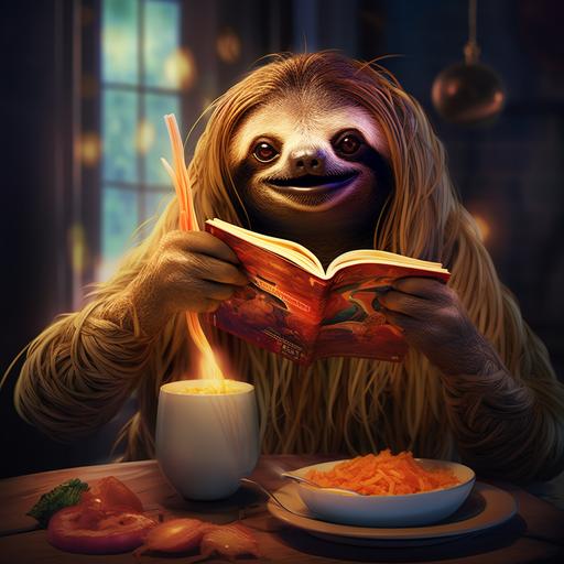 create a colorful cartoon sloth eating spaghetti and reading a book
