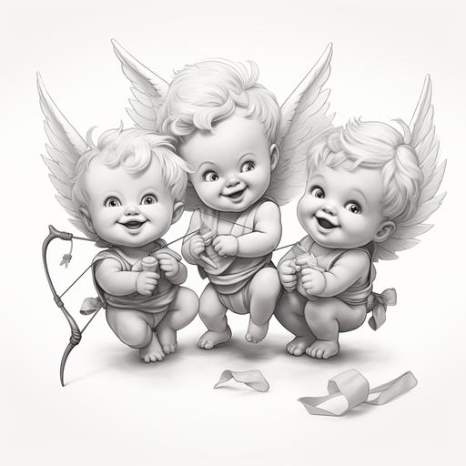 create a coloring book page for Cupid's Cuties: Draw a group of cherubic cupids with heart-tipped arrows, each showcasing a unique pose of joy and mischief with no words on page with a real life annime effect and no colors on the page
