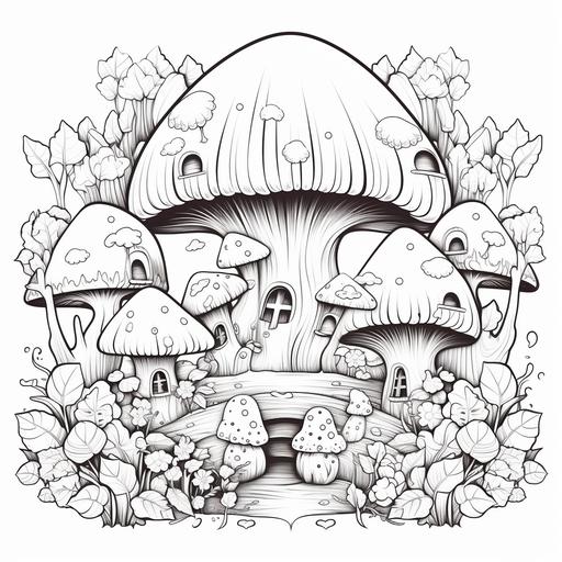 create a coloring book page with black and white lines an no colors on the page for Magical Mushroom Meeting: Cute characters meeting under oversized heart-shaped mushrooms in a whimsical forest. with no shading on the page