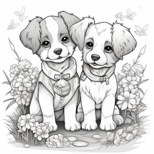 create a coloring book page with black and white lines an no colors on the page for Puppy Love Pals: Adorable puppies wearing heart-shaped collars, playing in a garden of heart-shaped flowers. with no shading on the page