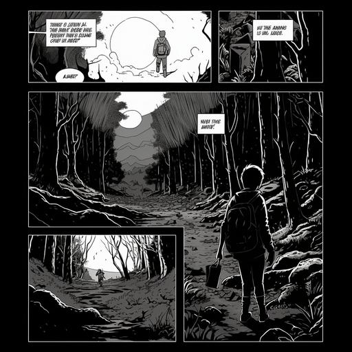 create a comics page with the same frame et the same style. The action took place in a forest at midnight a man looking inside a chest