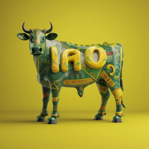 create a cow standing on its hind legs with yellow and green words on its chest saying 