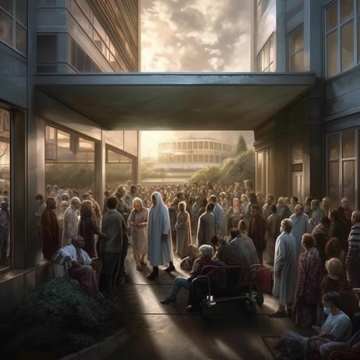 create a dark and forboding scene, very hyper-realistic, of a long line of sick patients waiting at the door of an expensive hospital. the patients are being denied entry. inside the hospital windows you can see rich owners throwing a party