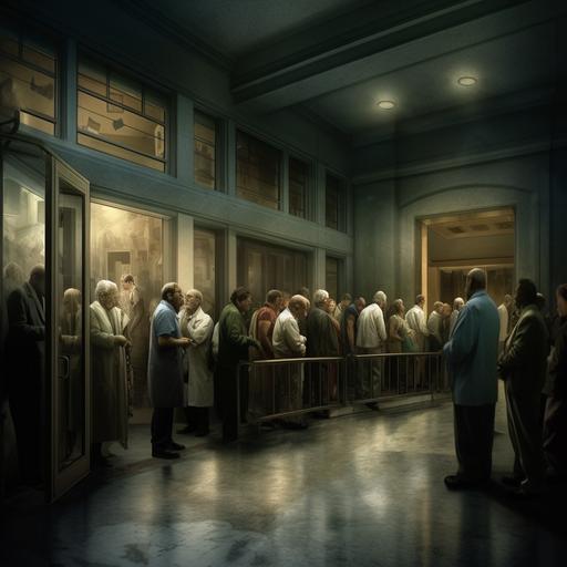 create a dark and forboding scene, very hyper-realistic, of a long line of sick patients waiting at the door of an expensive hospital. the patients are being denied entry. inside the hospital windows you can see rich owners throwing a party