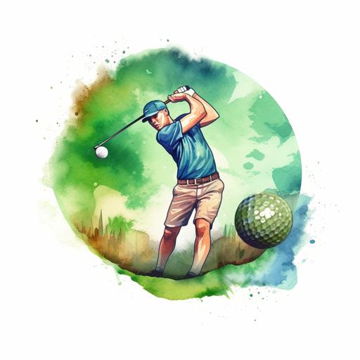 create a decal with golf greens, golfer, golf t and golf ball, watercolor, 8k, vibrant --ar 12:12 --v 5.1