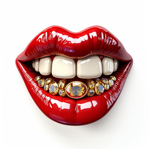 create a design with rolling stones tyle logo beautiful full red lips with tongue hanging out in menacing look showing chrome gold teeth with diamonds ,tongue hanging out with medicine tablet on the tongue, cartoon, white background , glam rock style