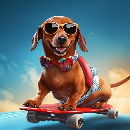 create a detailied cartoon image of a red dachshund wearing a hotdog bun, the dachshund is to be riding a skateboard and wearing sunglasses