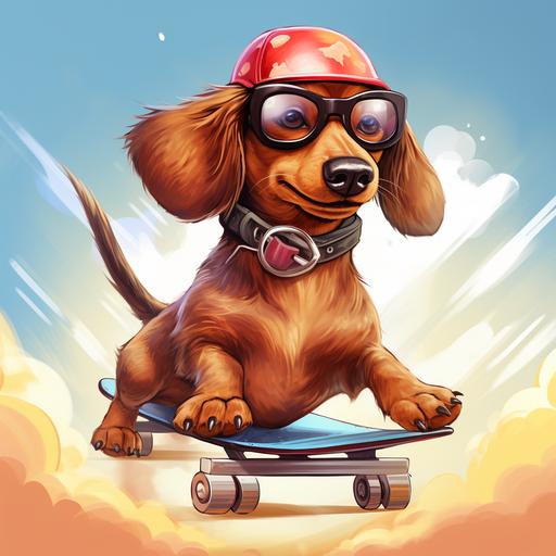 create a detailied cartoon image of a red dachshund wearing a hotdog bun, the dachshund is to be riding a skateboard and wearing sunglasses