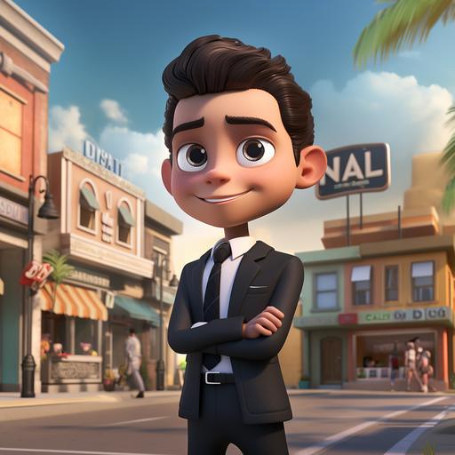 create a disney pixar character, man (round face, dark brown eyes, small mouth, long nose, round chin, short curly dark brown hair) dark formal clothes, next to a house under construction, on a quiet street during a day sunny, in the background a billboard written djn real estate regularization