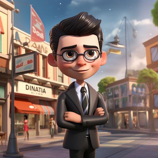 create a disney pixar character, man (round face, dark brown eyes, small mouth, long nose, round chin, short curly dark brown hair) dark formal clothes, next to a house under construction, on a quiet street during a day sunny, in the background a billboard written djn real estate regularization