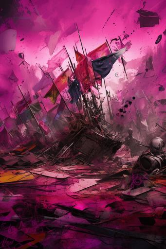 create a dixit style picture in magenta colors, digital style picture, In the foreground, the chaotic aftermath of conflict unfolds. Flags torn and entangled, symbolizing the clash between nations, form a captivating visual tapestry. The fragmented flags weave through the composition, their vivid colors entwined amidst a backdrop of abandoned weapons. This stark portrayal accentuates the destructive impact of conflicts fueled by nationalism and hostility, conveying a sense of turmoil and instability. As the viewer's gaze shifts to the background, shattered borders come into focus. Cracked lines once delineating nations now fracture the landscape, symbolizing the divisions and animosity that arise from conflicts between different nations. The shattered borders stand as a poignant reminder of the barriers to cooperation and unity, inviting contemplation on the repercussions of these geopolitical tensions. Moving to the lower portion of the image, a group of war refugees huddles together, their collective struggle palpable. Their faces bear the weight of despair and uncertainty, etched with raw emotion. The composition emphasizes their vulnerability and displacement, evoking empathy and highlighting the human cost of conflicts and the urgent need for compassion and support. Style: The artwork embraces the captivating allure of the digital medium while embodying the enchanting aesthetics of Dixit cards. The color palette revolves around rich magenta tones, lending an air of mystique and intensity to the imagery. The lighting enhances the emotional impact of the composition, casting dramatic shadows and illuminating key elements, creating depth and atmosphere. Composition: The composition skillfully balances the various elements to evoke a sense of interconnectedness. [...]