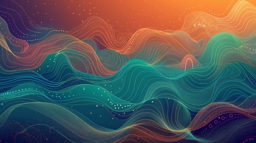 create a elegant gradient background with sound waves in turqouise and orange with ancient indian, islamic, tribal patterns, --ar 16:9 --v 6.0