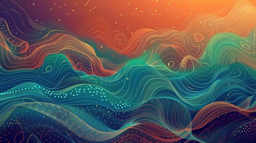 create a elegant gradient background with sound waves in turqouise and orange with ancient indian, islamic, tribal patterns, --ar 16:9