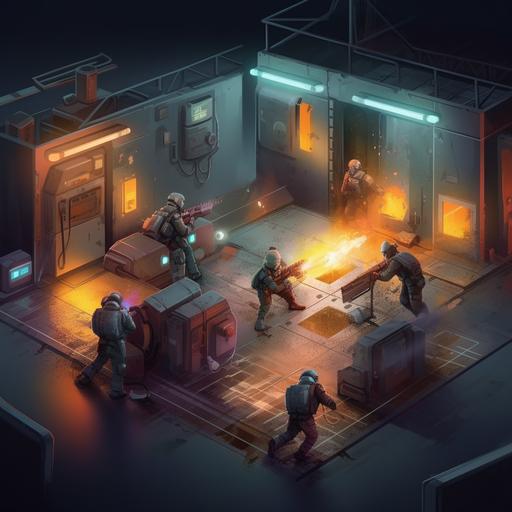 create a explosive futurepunk gritty style battle in this scene with 3 soldiers breaching a armored door.