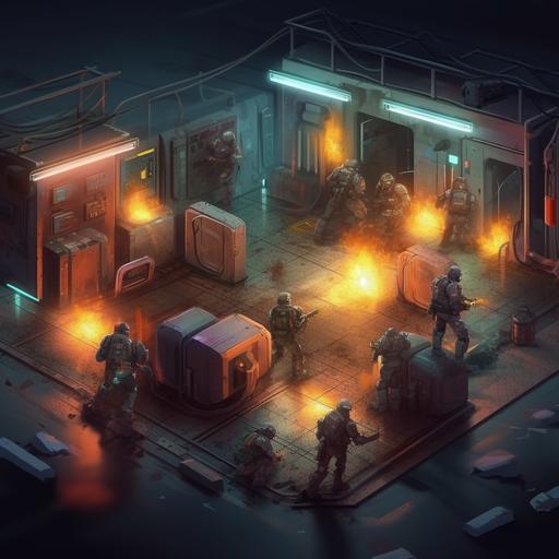create a explosive futurepunk gritty style battle in this scene with soldiers breaching a armored door