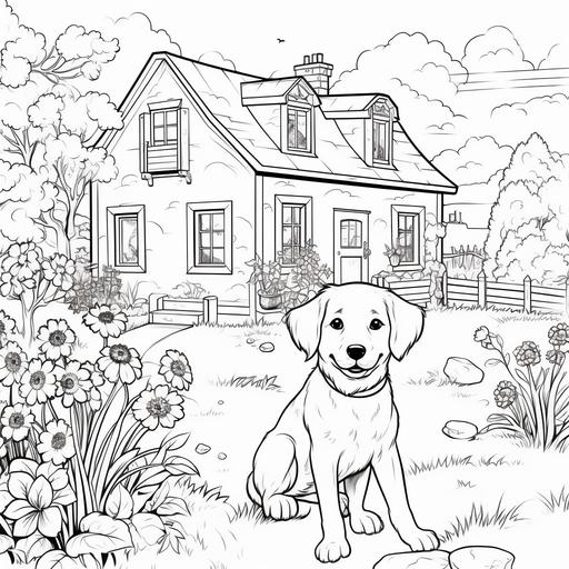 create a florest floral flower beside a house in countryside coloring page, there is a happy dog beside a house with a kid, white background only, clear line art, no border, no text on the page, only black and white color --s 750