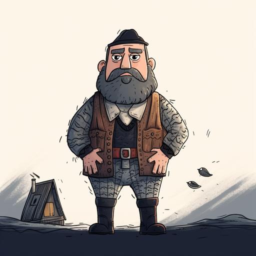 create a full body character design based on this image  old fisherman from the north, 2D animation style, quirky, ink, black outlines, nordic environments