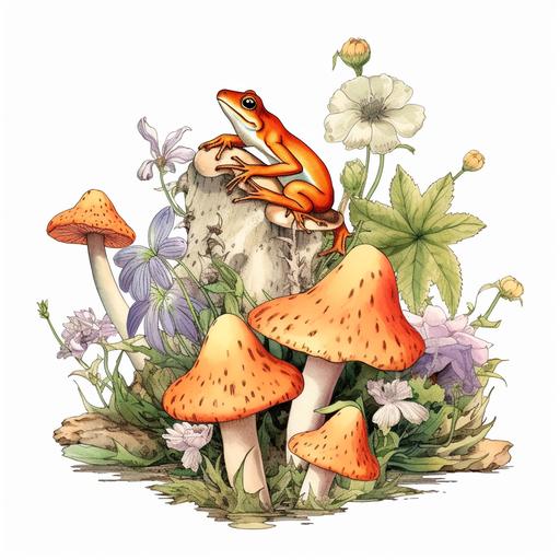 create a graphic of wildflowers, frogs, and mushrooms in the style of studio ghibli. Make the background pure white.--v 5