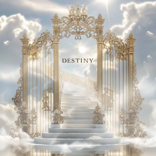 create a heavenly scene witho mettalic gold lavish heavenly gates with a beautiful gold crown with diamond on top place the name 