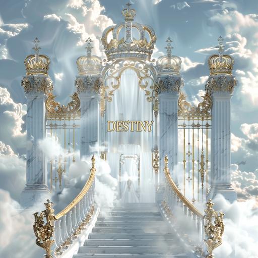 create a heavenly scene witho mettalic gold lavish heavenly gates with a beautiful gold crown with diamond on top place the name 
