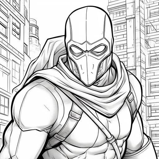 create a high-quality coloring page. This should be a simple and clean line drawing, which can be colored in by children or adults. The scene to be depicted Ben Reilly in The Scarlet Spider in 3D. outlined the whole image clearly and simply to make coloring in easy. Please ensure that the lines are smooth and the spaces between them are broad enough for coloring. The overall layout should be engaging and inviting, and it should inspire creativity and fun in those who would color it in.