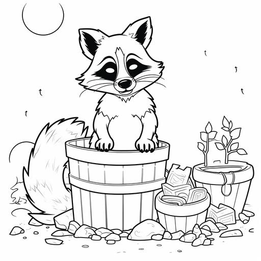 create a high-quality coloring page. This should be a simple and clean line drawing, which can be colored in by children or adults. The scene to be a raccoon in trash can cartoon style. outlined the whole image clearly and simply to make coloring in easy. Please ensure that the lines are smooth and the spaces between them are broad enough for coloring. The overall layout should be engaging and inviting, and it should inspire creativity and fun in those who would color it in.