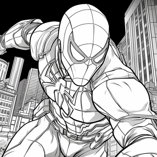 create a high-quality coloring page. This should be a simple and clean line drawing, which can be colored in by children or adults. The scene to be depicted Kaine Parker (Another Scarlet Spider) in 3D. outlined the whole image clearly and simply to make coloring in easy. Please ensure that the lines are smooth and the spaces between them are broad enough for coloring. The overall layout should be engaging and inviting, and it should inspire creativity and fun in those who would color it in.
