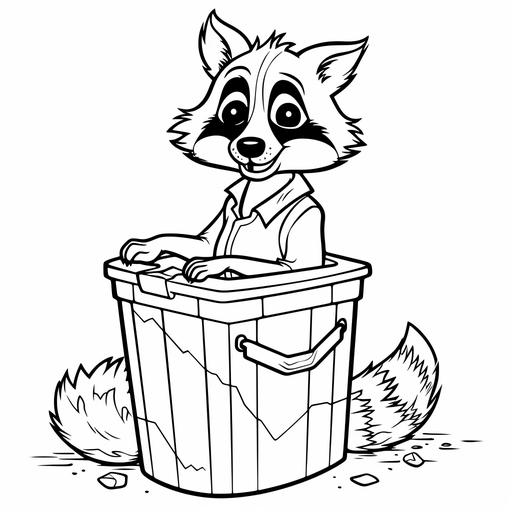 create a high-quality coloring page. This should be a simple and clean line drawing, which can be colored in by children or adults. The scene to be a raccoon in trash can cartoon style. outlined the whole image clearly and simply to make coloring in easy. Please ensure that the lines are smooth and the spaces between them are broad enough for coloring. The overall layout should be engaging and inviting, and it should inspire creativity and fun in those who would color it in.