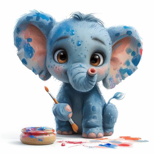 create a highly stylized, colourful, abstact and playful cartoon elephant with big eyes, holding a paintbrush in his trunk, pixar style. White background --v 6.0 --style raw --s 750