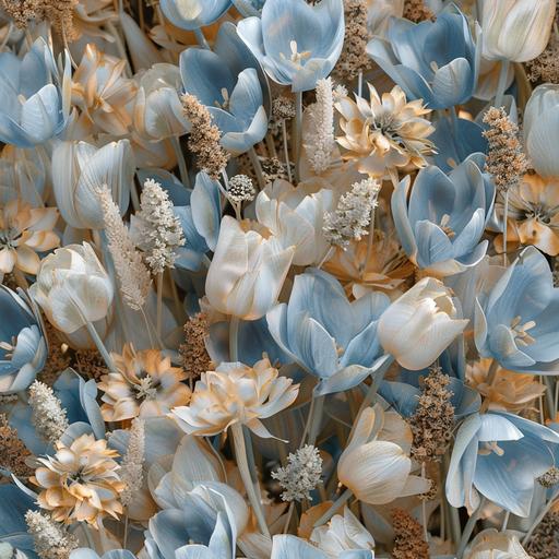 create a hyper realistic image of a background full of bouquets of light blue tulips, with dried white and beige flowers, in a minimalist and neutral aesthetic, filling the entire background of the image