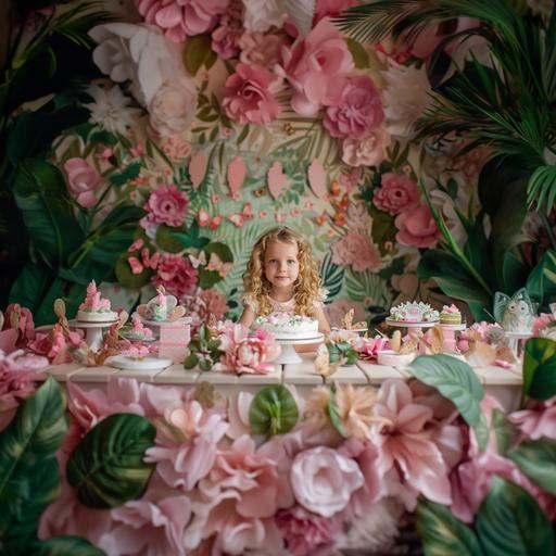 create a hyper realistic photo of a children's party, where the birthday girl is a 5 year old girl, blonde, with curly hair, is behind the cake table, the photo takes all the decoration in panorama and the party theme is an enchanting garden, with lots of butterflies, flowers, leaves, pink, green, off white and a minimalist and fun party aesthetic, with lots of colors