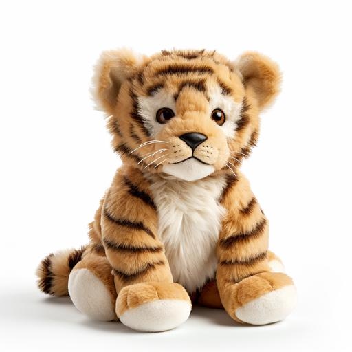 create a kind FLUFFY toy tiger cub sitting sideways on white background