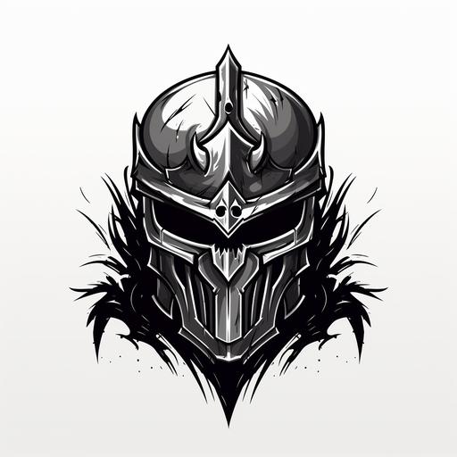 create a knight logo with helmet and skull inside helmet, black silouhette, artistic style on a white background, clear outline