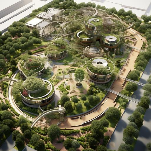 create a landscape using for different Facilities for leisure and physical education and learning about natural physics outdoors and in transparent covered halls in an area surrounded by industrial and residential areas, 3d, in architeltural groundplan style