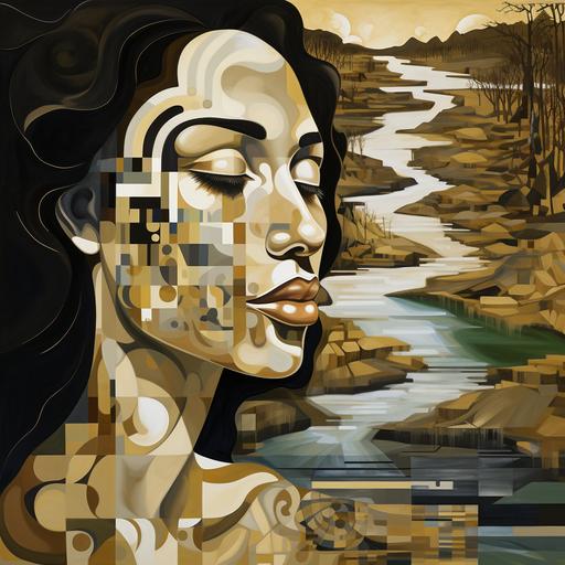 create a large print of only the head of a woman, bare shoulders longer hair, beautiful eyes closed, looking at a abstract creek, make the whole painting, abstract, avant-garde style, use colors, gold black, beige, white pearl white, a small amount of dark army green — ar 9:16