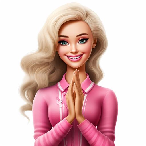 create a lifelike beautiful happy Barbie emoji with transparent background, clapping hands for approval and a street like fashion