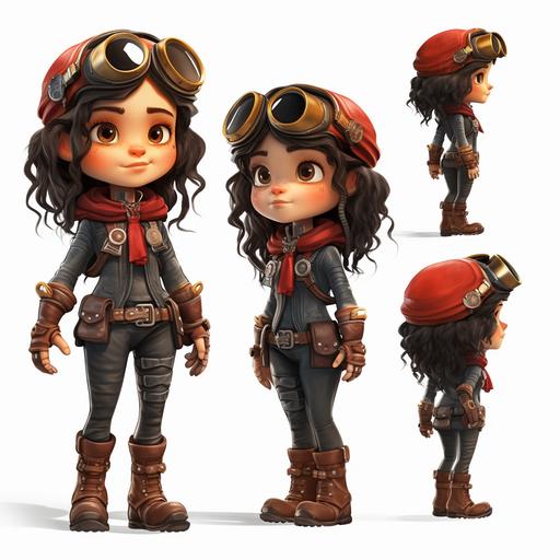 create a little girl in a red steam punk explorer suit, cartoon character, multiple poses and expressions, cute, full colour, red helmet, flight goggles, black boots, black gloves, dark curly hair, brown eyes, --no outline