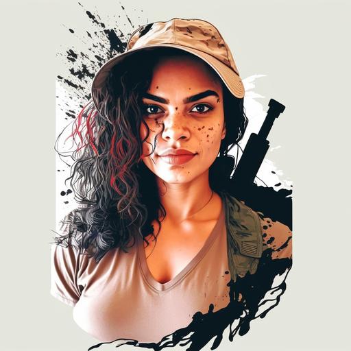 create a logo design, with features of the woman in the image  converting to cartoon or anime, Within an area delimited by a line, gun, airsoft uniform, striking look, dove on shoulders. Drawing of a warrior woman, brazilian features