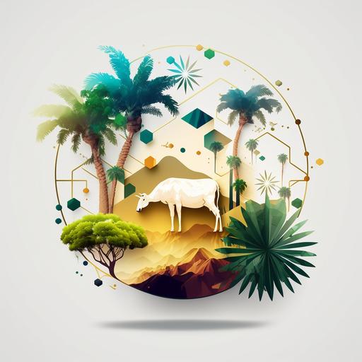 create a logo for Predictive Analysis of Digital Agriculture System, include palm trees,trees and animals, include crops, weather, sun, light, cloudes, hyper realistic, 8k