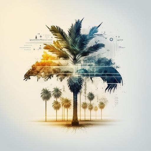 create a logo for Predictive Analysis of Digital Agriculture System, include palm trees,trees and animals, include crops, weather, sun, light, cloudes, hyper realistic, 8k