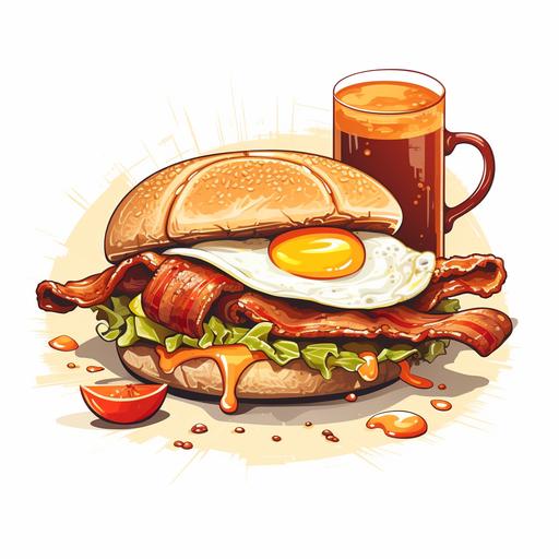 create a logo incorporating a cartoon of a breakfast roll filled with sausage, egg, rasher, ketchup, supper realistic with coffee and breakfaste elements. retrol style super detail on a white background