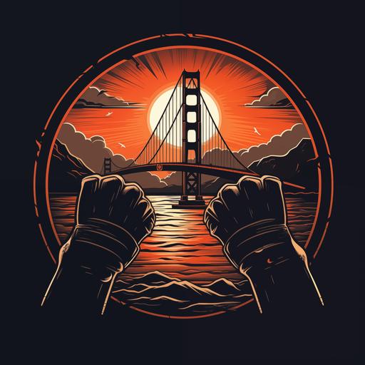 create a logo that has two black hands bound by handcuffs with prison bars behind and the golden gate bridge in the distance