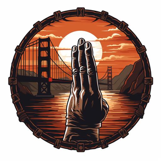 create a logo that has two black hands bound by handcuffs with prison bars behind and the golden gate bridge in the distance