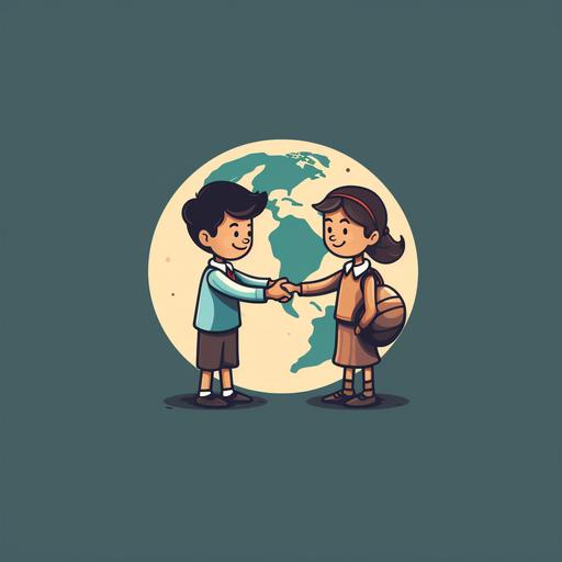 create a logo which shows cartoon students (girl and boy) shaking hands with a small cartoon globe between them. The title of this logo is life studies. simple. 8k.