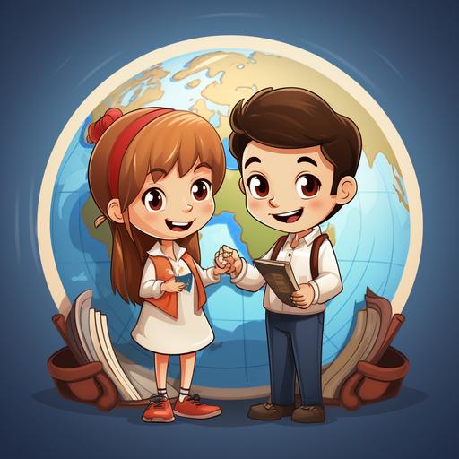 create a logo which shows cartoon students (girl and boy) shaking hands with a small cartoon globe between them. The title of this logo is life studies. 8k.