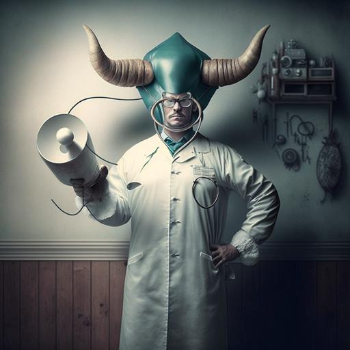create a man holding ox horn suction cups in a surgeon's outfit.